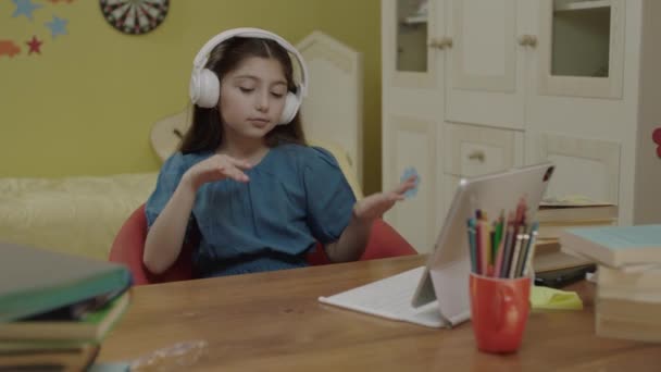 Cute Little Girl Headphones Dancing Singing While Sitting Laptop Little — Vídeos de Stock