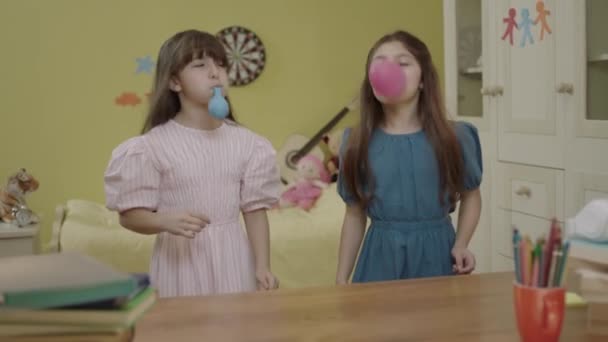 Little Girls Blowing Air Balloon Happy Birthday Party Celebration Children — Stock video