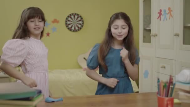 Little Girls Having Fun Together Dancing Room Home Happy Girls — Wideo stockowe