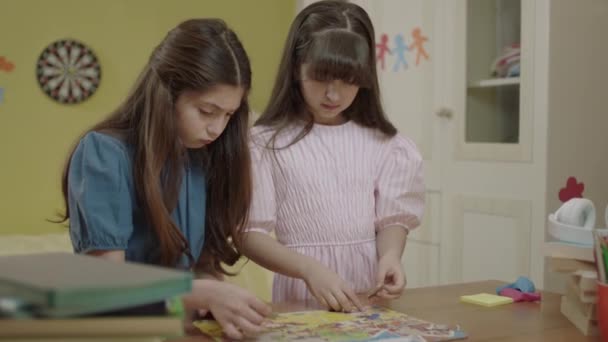 Two Beautiful Sisters Friends Doing Puzzles Home Children Teach Each — Video