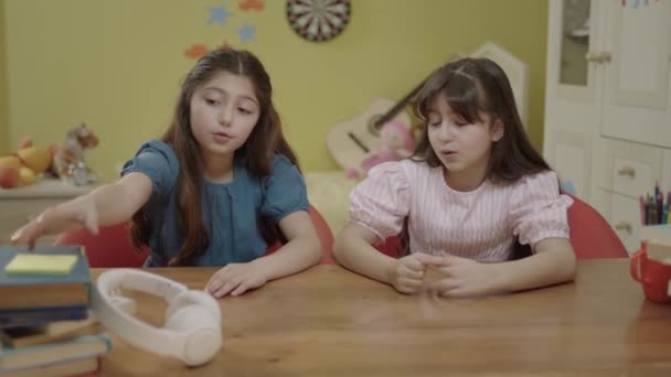 Little Beautiful Cute Girls White Sitting Table Children Room Talking — Stock Video