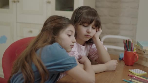Little Girl Comforting Her Sad Friend She Comforts Him His — Stok video