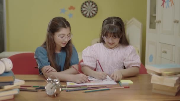 Loving Girls Schoolwork Together Room Two Clever Year Old Girls — Vídeos de Stock