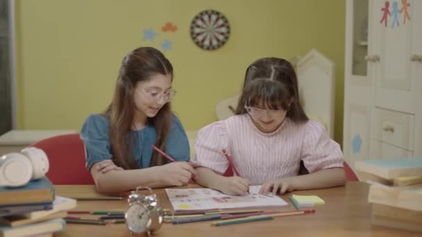 Las Chicas Cariñosas Hacen Trabajo Escolar Juntas Habitación Dos Niñas — Vídeo de stock