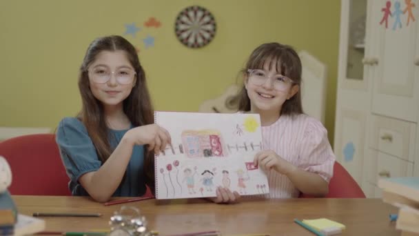 Loving Girls Schoolwork Together Room Two Clever Year Old Girls — Stock video