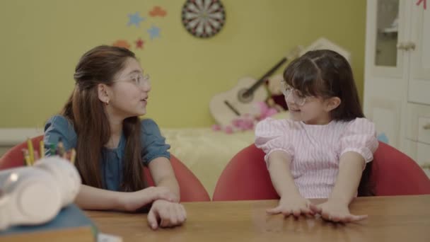 Little Beautiful Cute Girls White Sitting Table Nursery Talking Loving — Video