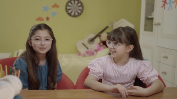 Little Beautiful Cute Girls White Sitting Table Nursery Talking Loving — Αρχείο Βίντεο