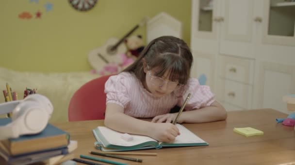 Smart Elementary School Girl Learning Write Doing Math Homework Sitting — Vídeo de Stock
