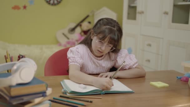 Smart Elementary School Girl Learning Write Doing Math Homework Sitting — Stockvideo