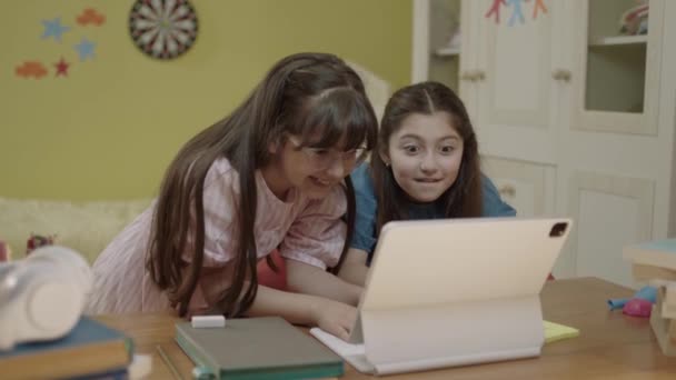 Smart Elementary School Girls Doing Math Homework Tablet Computer Sitting — Αρχείο Βίντεο