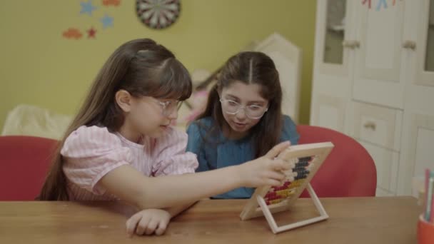Girls Playing Cute Little Abacus Children Playing Wooden Abacus Home — Stockvideo