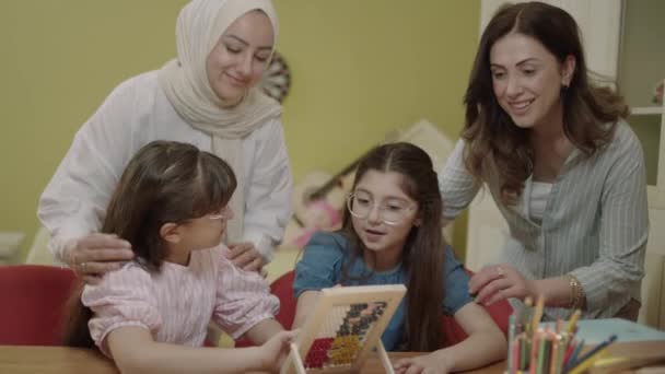Mother Daughters Playing Cute Little Abacus Children Playing Wooden Abacus — Wideo stockowe