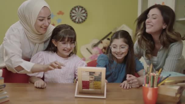 Mother Daughters Playing Cute Little Abacus Children Playing Wooden Abacus — Wideo stockowe