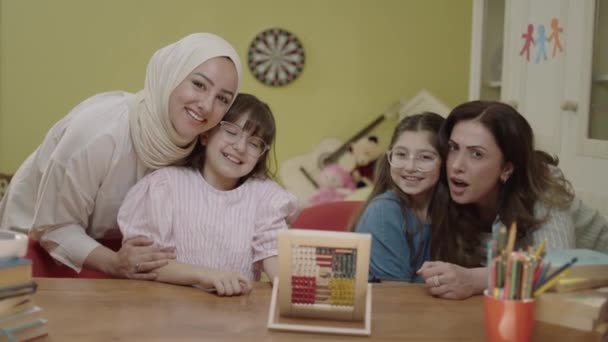 Mother Daughters Playing Cute Little Abacus Children Playing Wooden Abacus — Stockvideo