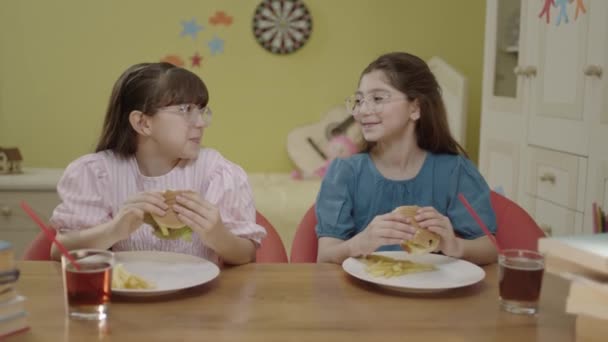 Little Girls Doing School Homework Eating Hamburgers Little Kids Take — Vídeos de Stock