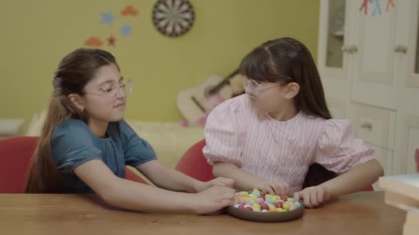 Little Girls Take Break School Homework Classes Eat Colorful Candies — Vídeo de Stock