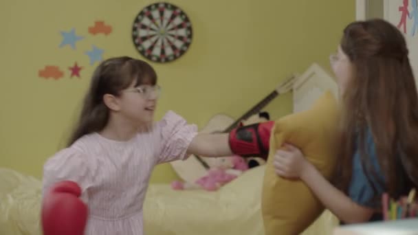 Little Girl Boxing Gloves Her Friend Having Fun Together Home — Vídeos de Stock