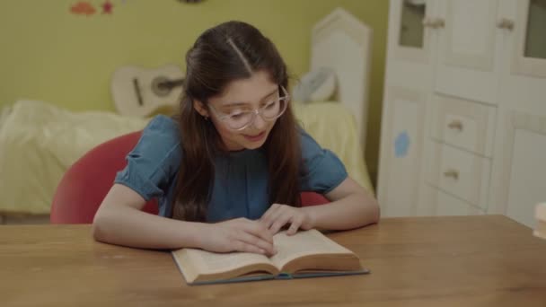 Little Girl Long Hair Reading Book Her Room Cute Little — Αρχείο Βίντεο