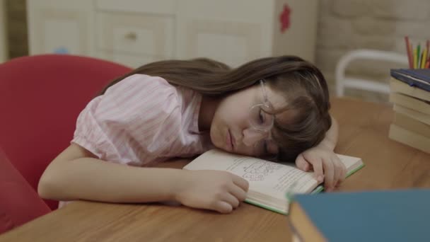 Tired Little Girl Tired Schoolwork Solving Problems Books Schoolgirl Studying — Stock Video