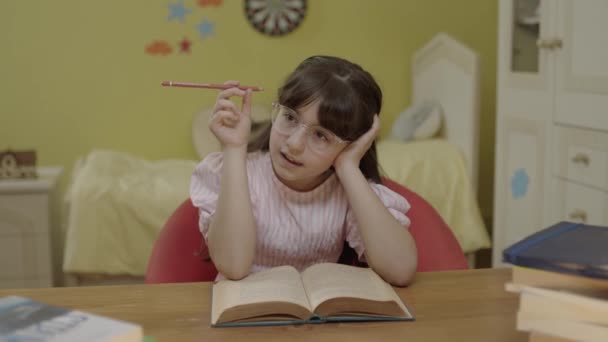 Little Girl Long Hair Reading Book Her Room Cute Little — Video Stock