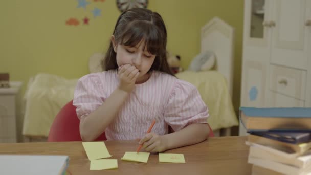 Cute Little Girl Working Desk Quarantine Doing Homework Continuing Distance — Video
