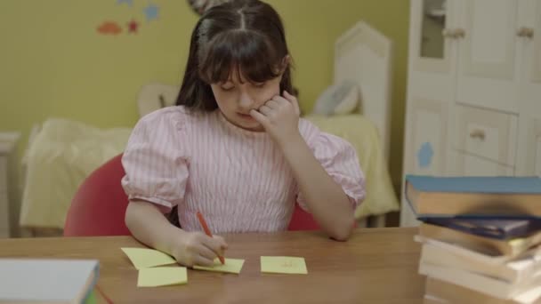 Cute Little Girl Working Desk Quarantine Doing Homework Continuing Distance — Stockvideo