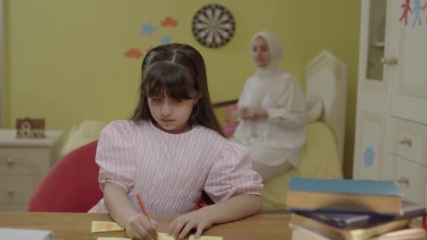 Cute Little Girl Working Desk Quarantine Doing Homework Continuing Distance — Stockvideo