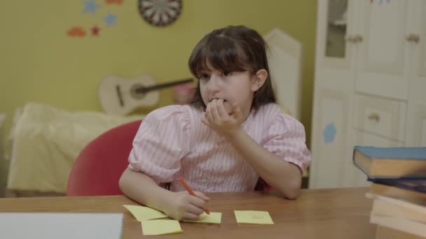 Cute Little Girl Working Desk Quarantine Doing Homework Her Mother — Vídeo de Stock