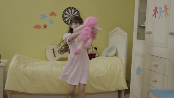 Portrait Happy Little Girl Dancing Having Fun Alone Her Room — Vídeos de Stock