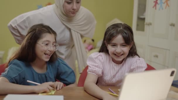 Girl School Students Studying Online Home Doing School Homework Children — Stok video