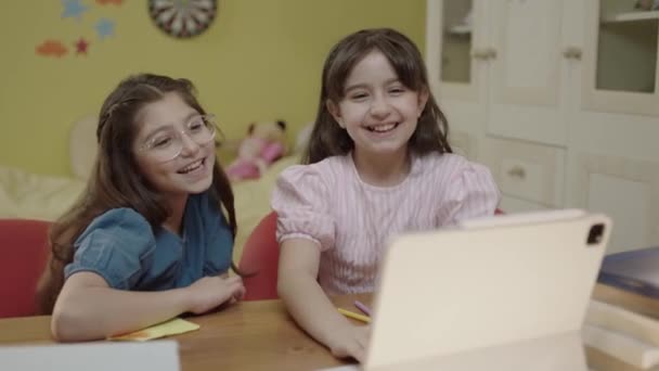 Little Girl School Students Study Online Home Listen Teachers Video — Vídeos de Stock
