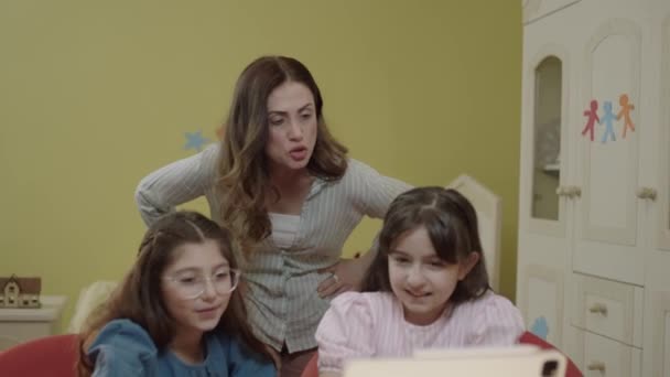Little Girl School Students Watching Funny Video Tablet Computer Home — Vídeos de Stock