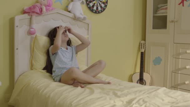 Dramatic Portrait Little Girl Sad Face Sitting Her Bed Bored — Wideo stockowe