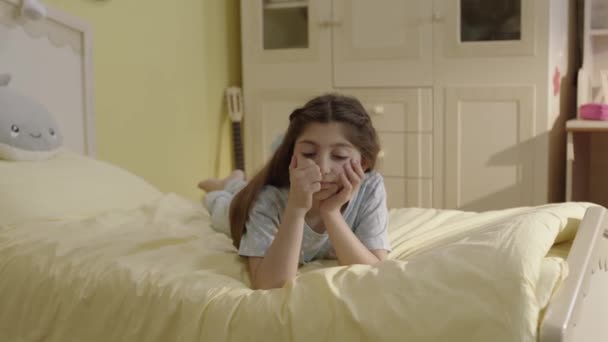 Bored Sad Little Girl Lying Bed Wanting Get School Child — Stock video