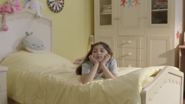 Bored Sad Little Girl Lying Bed Wanting Get School Child — Vídeo de Stock