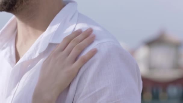 Happy Married Couple White Clothes Hug Touch Each Other Gently — Vídeo de stock
