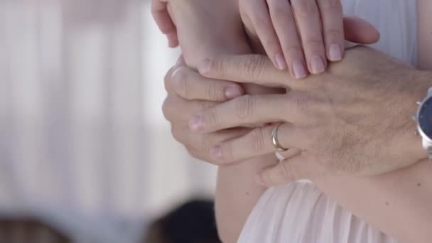 Happy Married Couple White Clothes Hug Touch Each Other Gently — Stok video