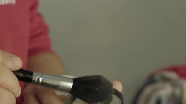 Close Man Hands Holding Shaking Face Powder Brush Slow Motion — Stockvideo