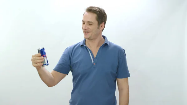 Man Drinks Redbull Beverage Metal Bottle Young Man Drinking Red — 스톡 사진