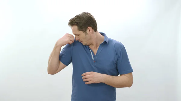 Man Who Sweating Heavily Isolated White Background Smells Bad Young — Foto Stock