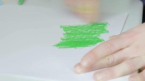 Hands Painting White Page Colored Crayons Drawing Ideas Crayons Child — Video Stock