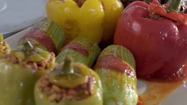 Stuffed Meal Table Served Chef Mixed Dolma Dishes Middle Eastern — Vídeo de Stock