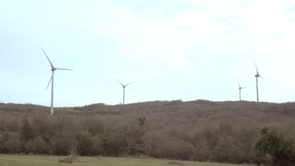 Powerful Wind Turbine Farm Power Generation Cloudy Sky Green Nature — Vídeo de Stock