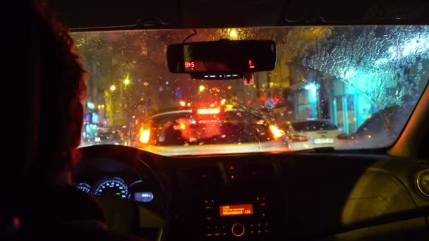 View Taxi Traffic Rainy Day Wipers Car Working — Vídeos de Stock