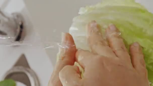 Close Female Hands Wash Lettuce Leaves Kitchen Sink Macro Frame — Video