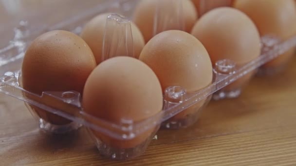 Woman Hand Takes Chicken Eggs Plastic Container Chicken Brown Fresh — Vídeos de Stock