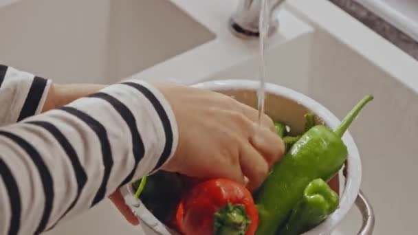 Hands Women Washing Vegetables Tap Water Rhyming Hands Woman Washing — стоковое видео