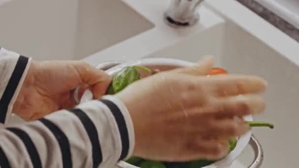 Hands Women Washing Vegetables Tap Water Rhyming Hands Woman Washing — Stockvideo