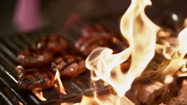 Traditional Delicious Dish Meatballs Cooked Grill Beef Burgers Cooked Flaming — Vídeos de Stock