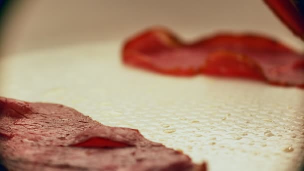 Sliced Pastrami Being Thrown Pan Super Slow Motion Bacon — Stockvideo